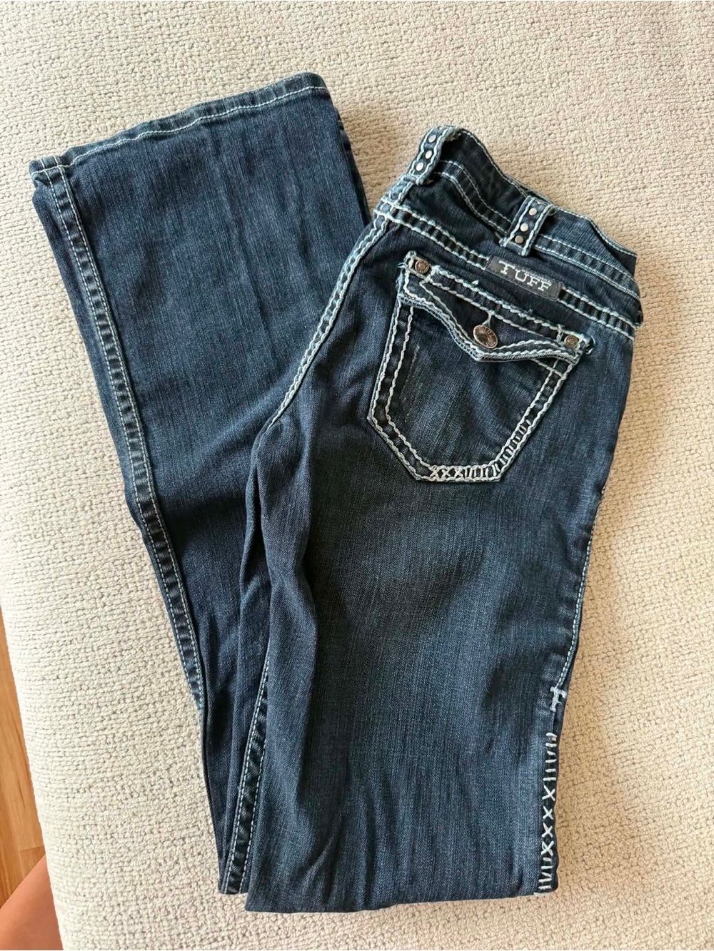 Cowgirl Tuff Dark Blue Boot Cut Jeans with White Stitching 25W x 35 Long